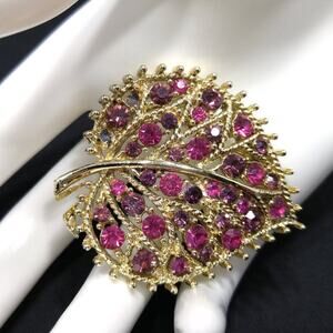 Vintage Heart Shaped Leaf Brooch, Magenta Purple Rhinestones, 1960s, 2 1/8 Inch